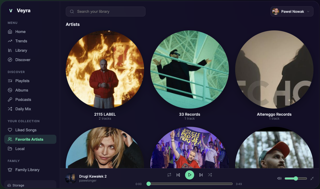 Veyra albums view showing real artist cover art in a grid layout