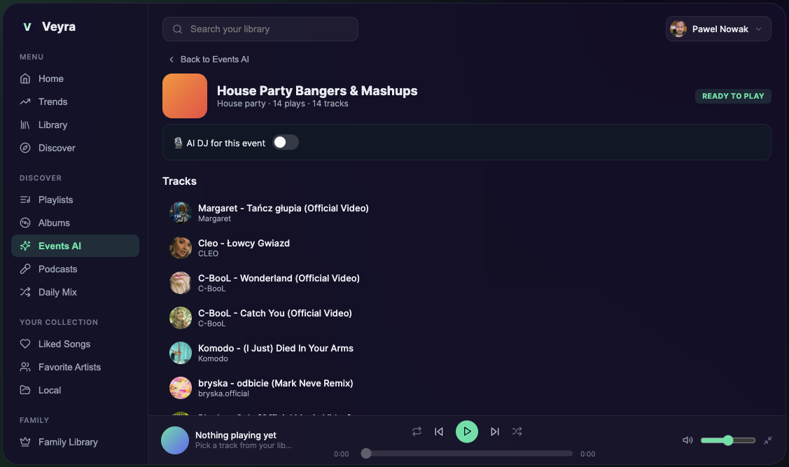 Veyra Events AI showing a generated House Party playlist