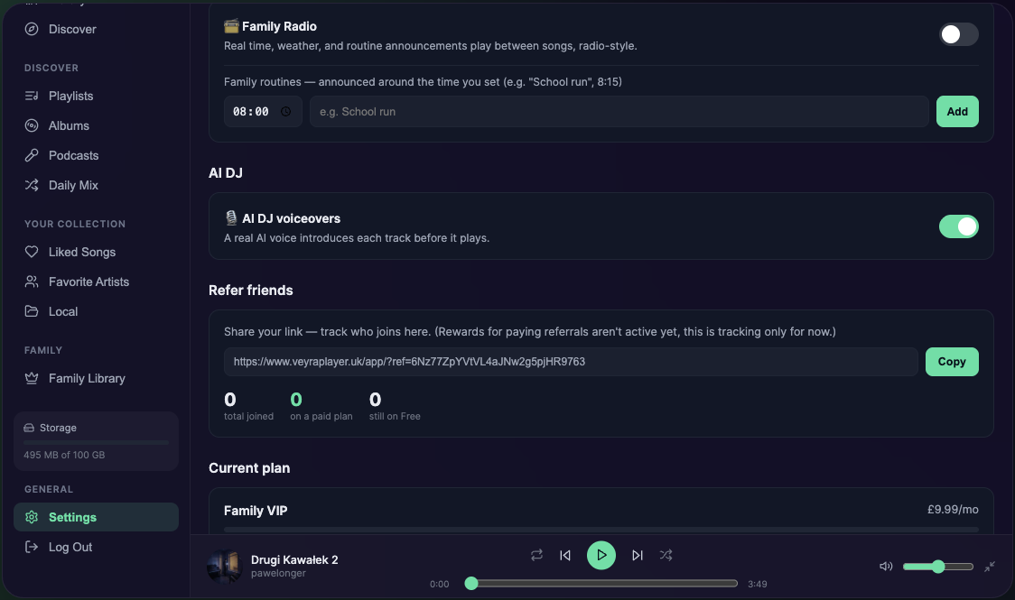 Veyra Family Radio settings showing routine announcements and AI DJ toggles