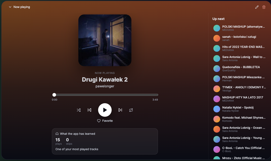 Veyra AI DJ now playing screen with album art and playback controls